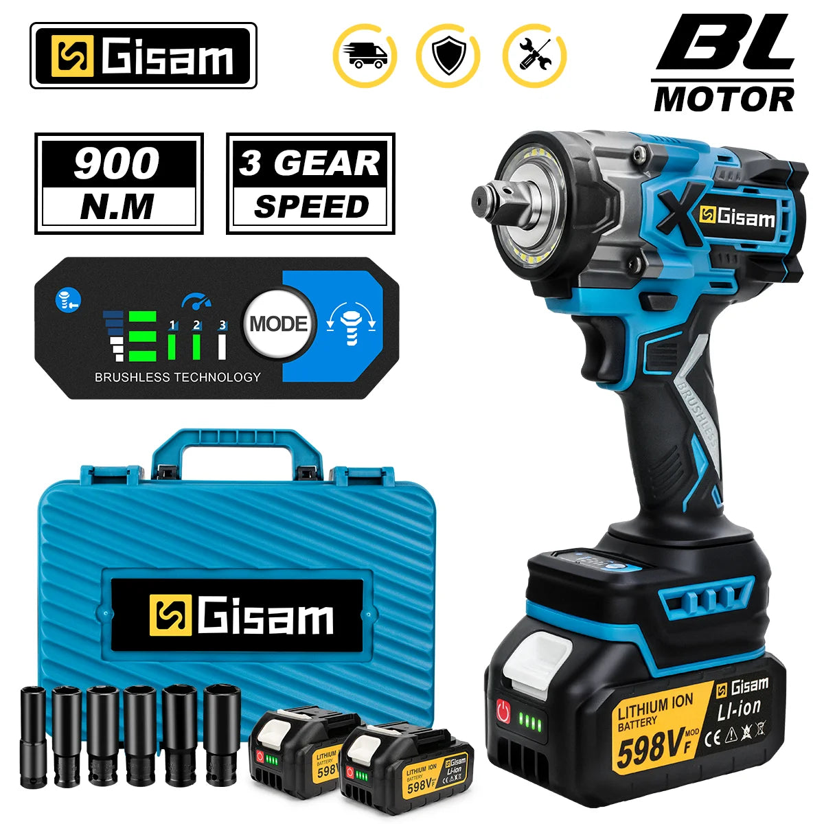 Gisam impact wrench kit packaging, blue and black cordless set with battery included