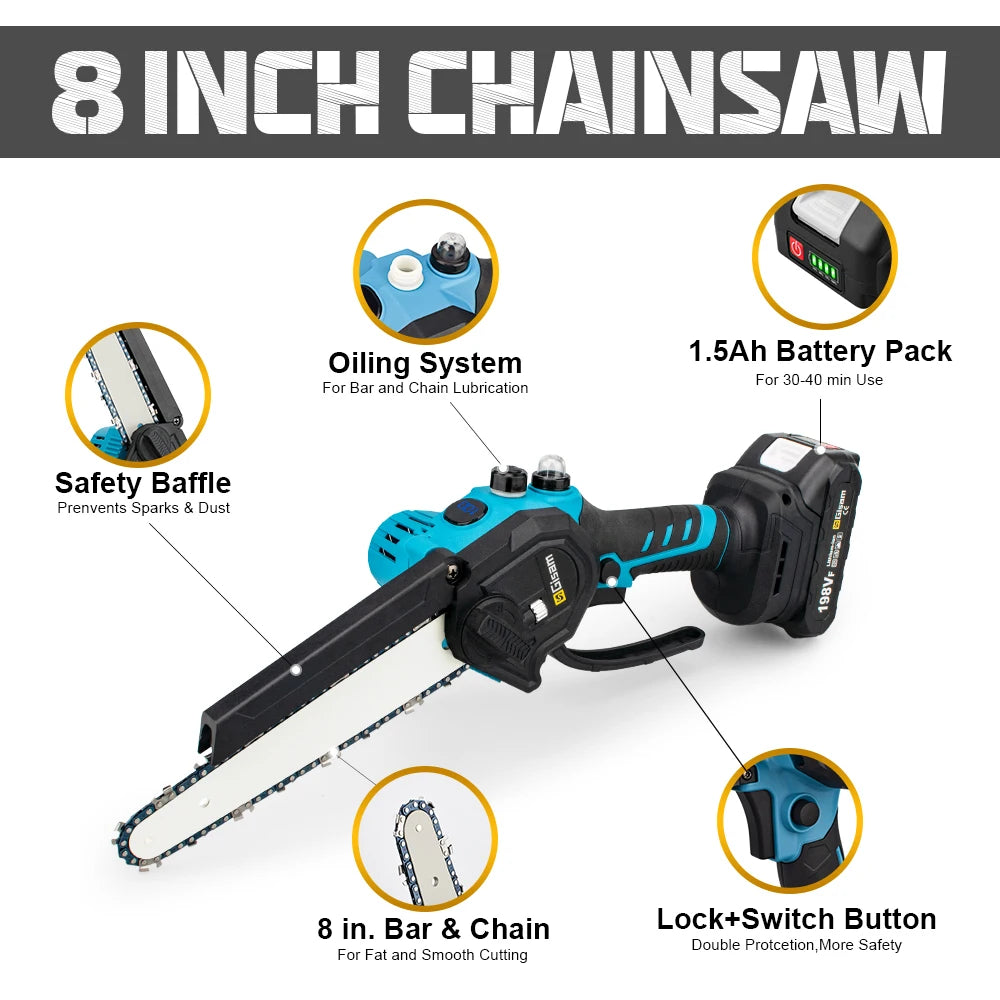 Gisam chainsaw features close-up, auto oiling and safety lock