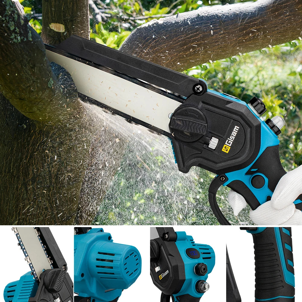 Gisam cordless chainsaw lifestyle shot, one-handed pruning use