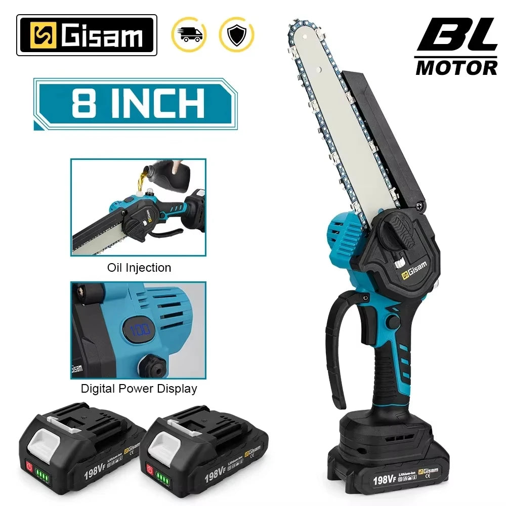 Gisam 8 inch chainsaw black and blue, one-handed cordless view