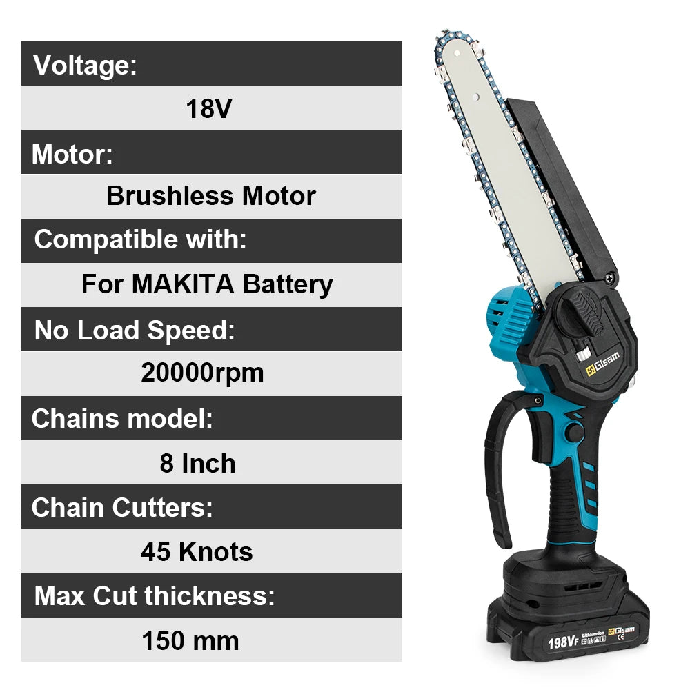 Gisam chainsaw specifications detail in black and white, 18V and 8 inch