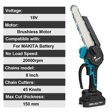 Gisam chainsaw specifications detail in black and white, 18V and 8 inch