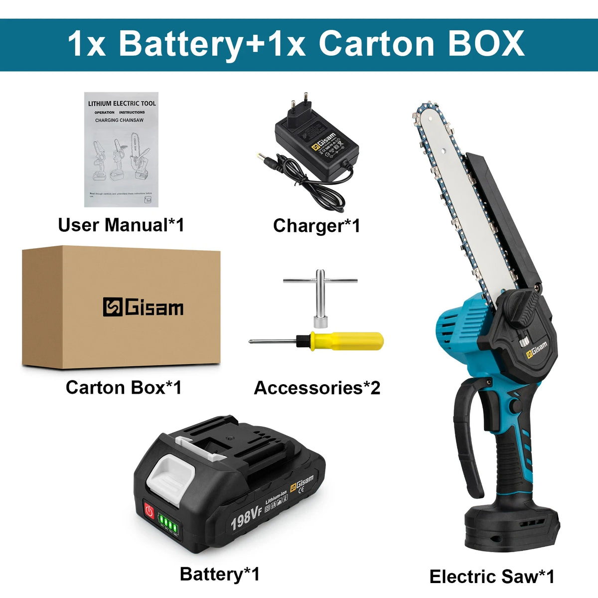 Gisam tool kit packaging with one battery and charger, black and blue