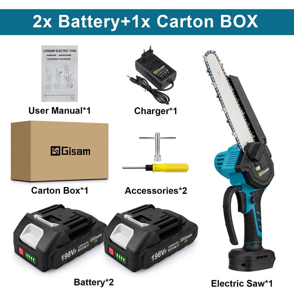 Gisam tool kit packaging with two batteries and charger, black and blue