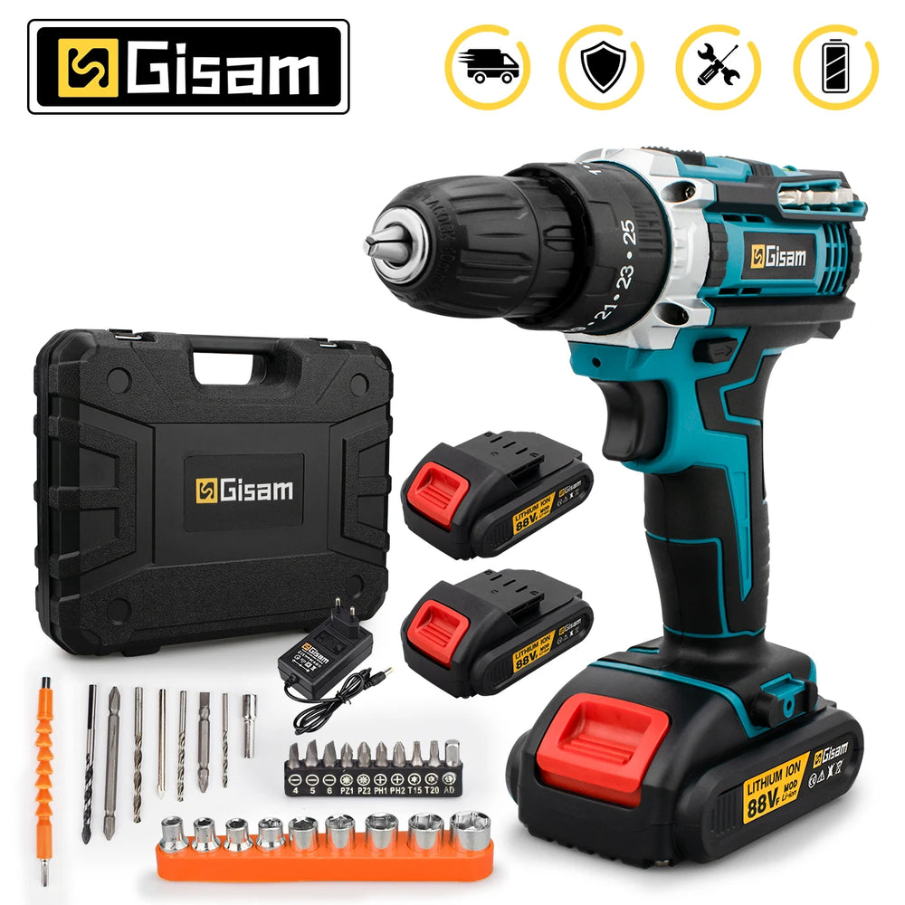Gisam cordless electric screwdriver packaging, black and blue set with two batteries