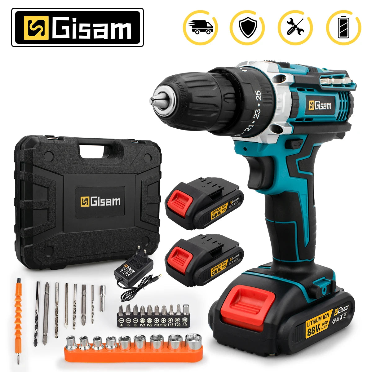Gisam cordless electric screwdriver packaging, black and blue set with two batteries