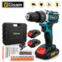 Gisam cordless electric screwdriver packaging, black and blue set with two batteries