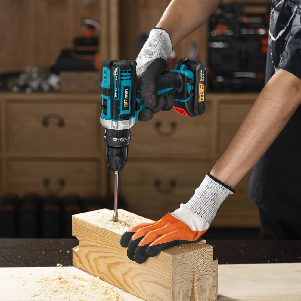 Gisam cordless electric screwdriver lifestyle shot, black and blue drill on wood block