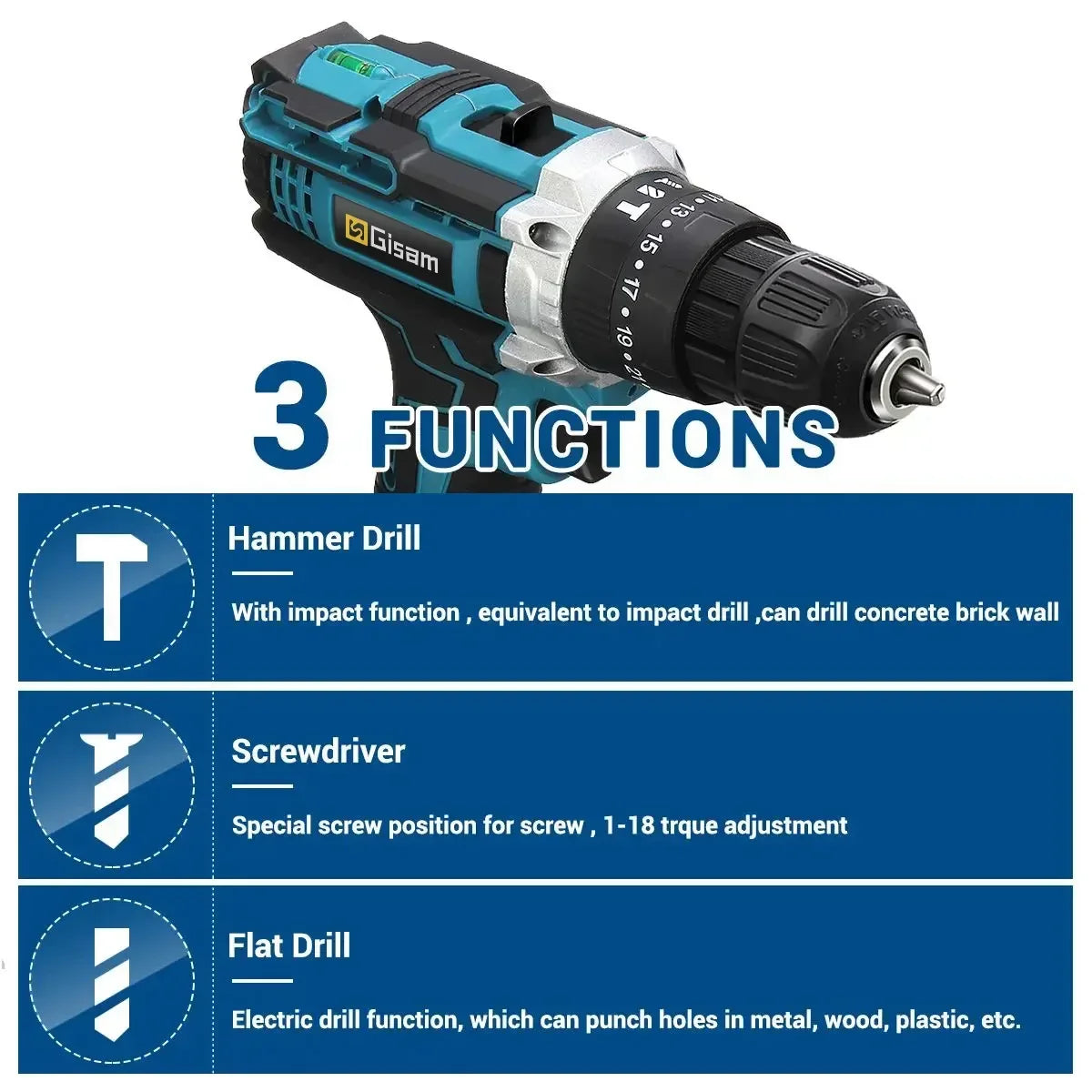 Gisam cordless electric screwdriver detail, black and blue specs with LED light