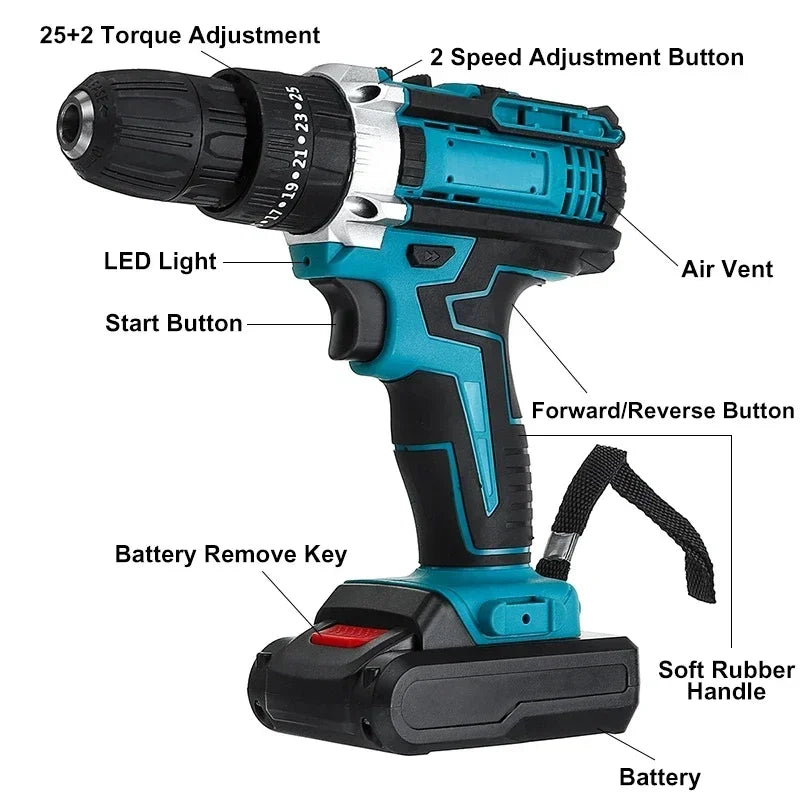 Gisam cordless electric screwdriver close-up, torque settings and battery removal detail