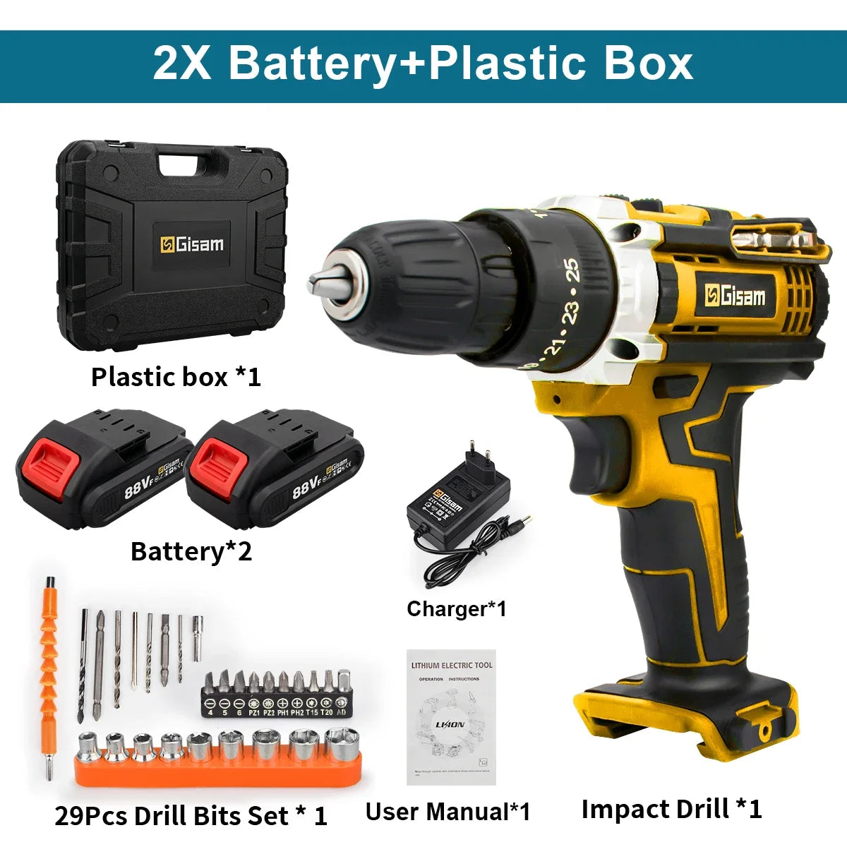 Gisam cordless electric screwdriver kit detail, black and yellow with batteries and charger
