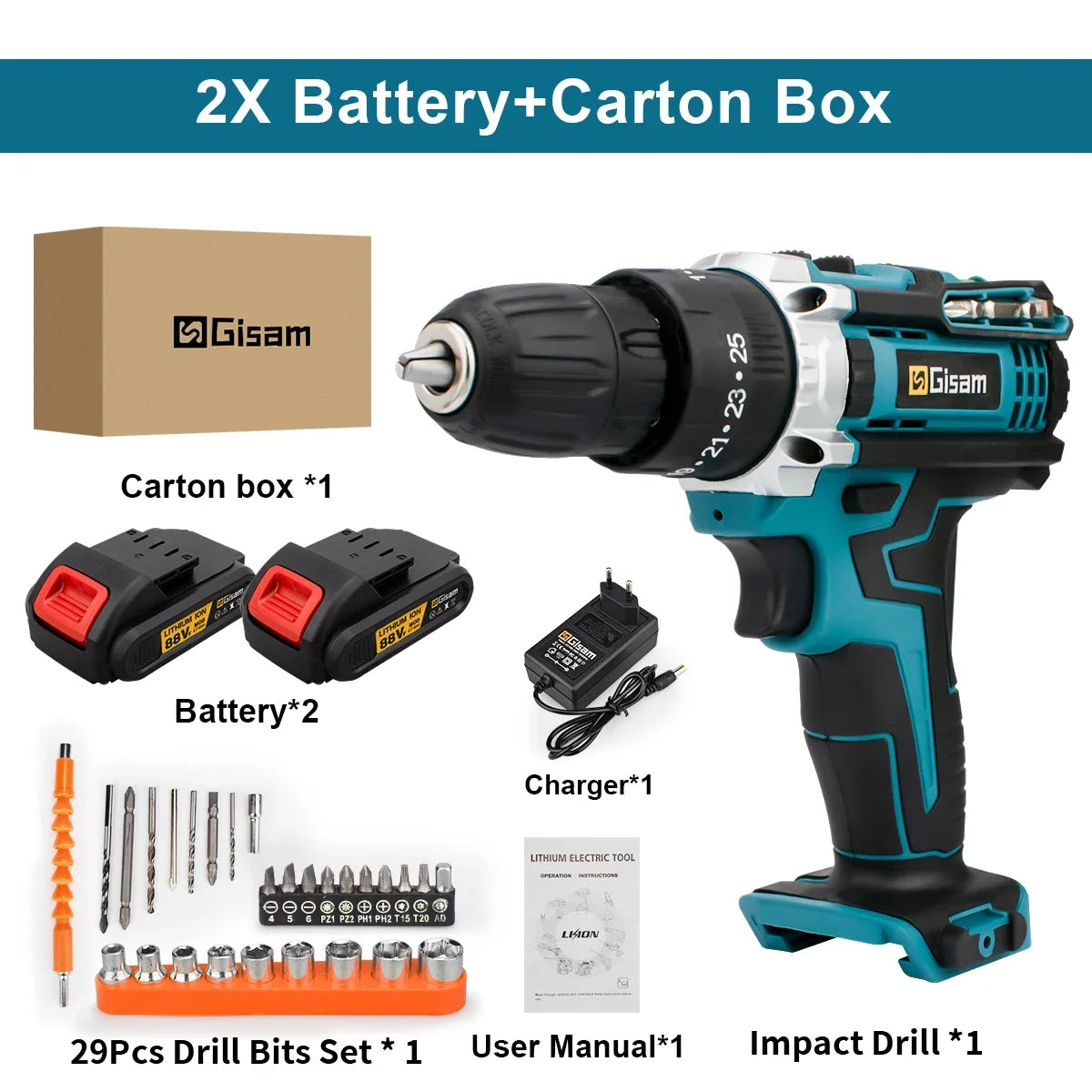Gisam cordless electric screwdriver kit detail, black and orange with batteries in box