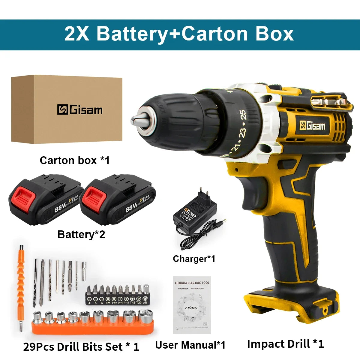 Gisam cordless electric screwdriver packaging, black and yellow accessories with batteries