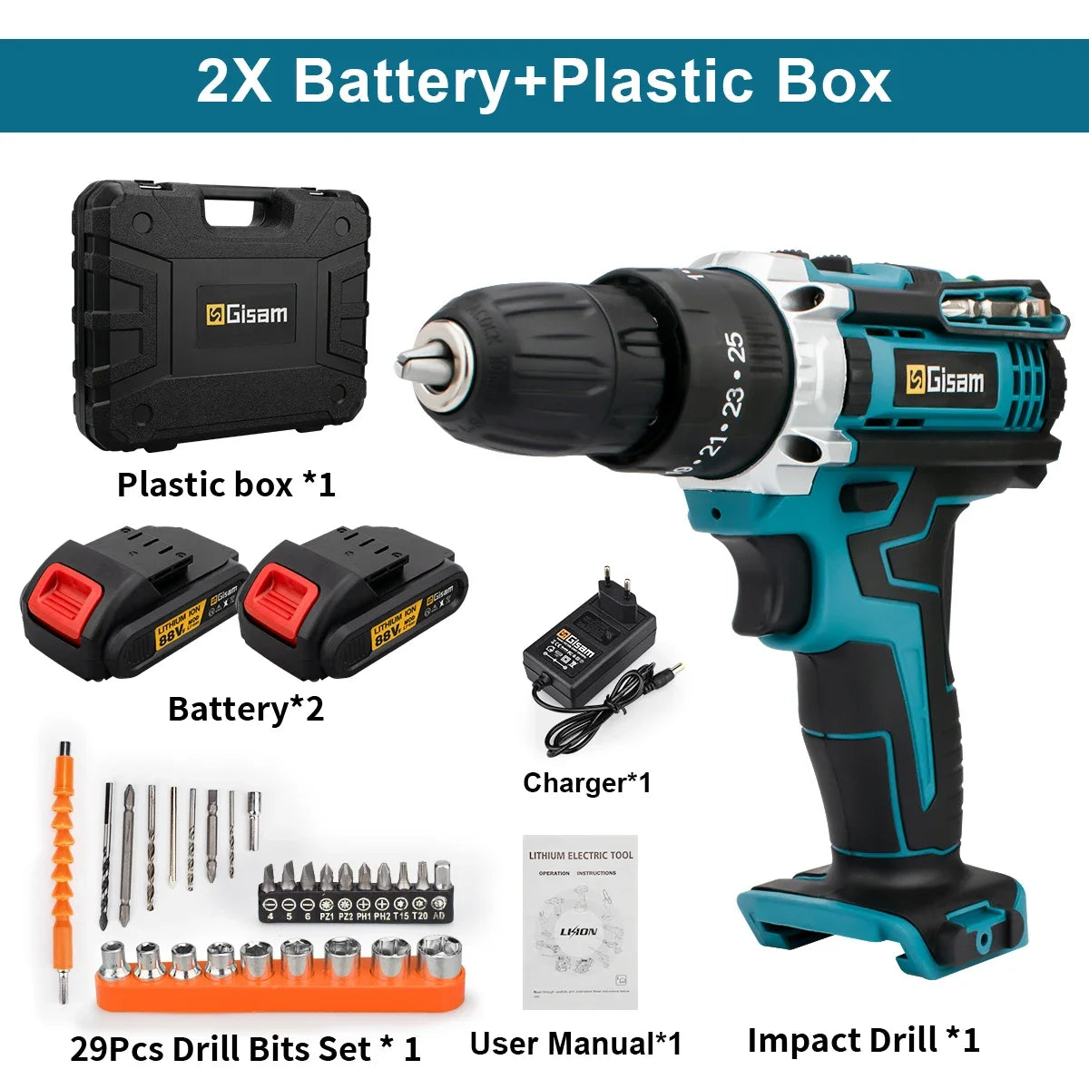Gisam cordless electric screwdriver packaging, black and blue accessories in plastic box