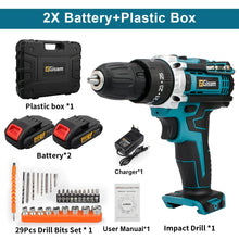 Gisam cordless electric screwdriver packaging, black and blue accessories in plastic box