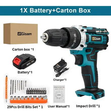 Gisam cordless electric screwdriver packaging, black and blue with two batteries and charger