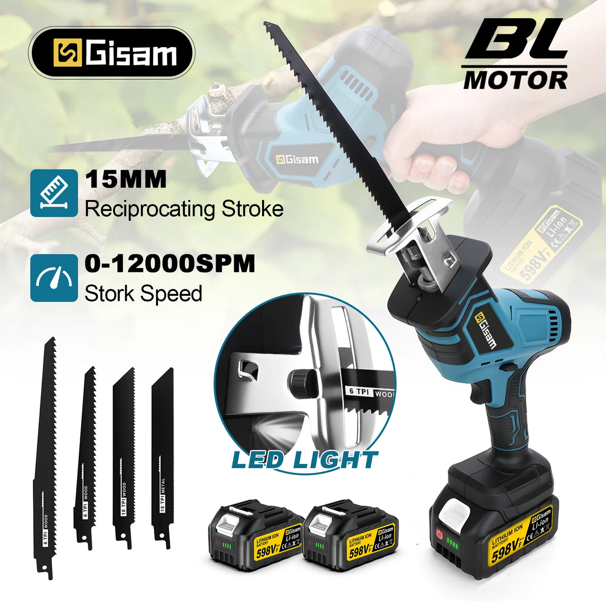 Gisam brushless reciprocating saw packaging, blue and black box view