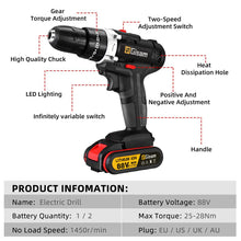 21V cordless impact drill detail showing LED light and variable speed control
