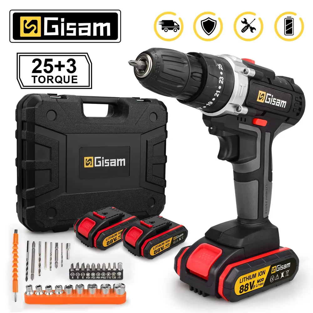 21V cordless impact drill set front view in black, yellow, red
