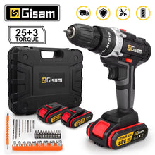 21V cordless impact drill set front view in black, yellow, red