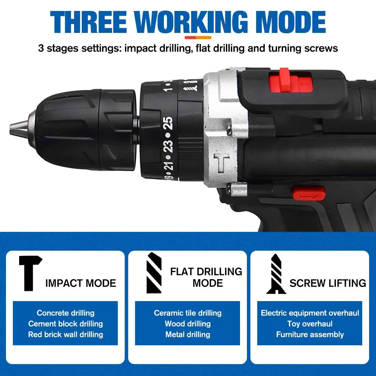 21V cordless impact drill modes detail close-up in black, blue, white