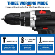 21V cordless impact drill modes detail close-up in black, blue, white
