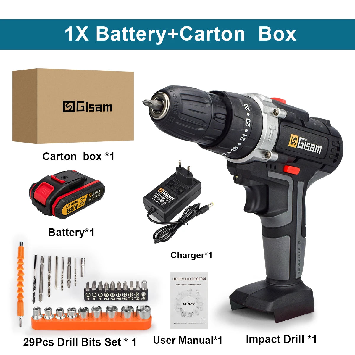 21V cordless drill set packaging with drill bits and storage box