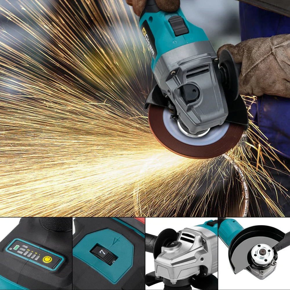Gisam cordless angle grinder in use, cutting metal with sparks, lifestyle