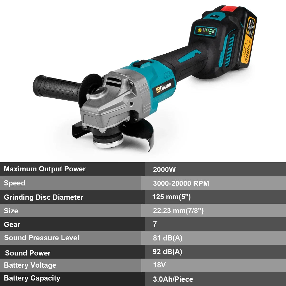 Gisam angle grinder specifications detail, battery indicator and chart