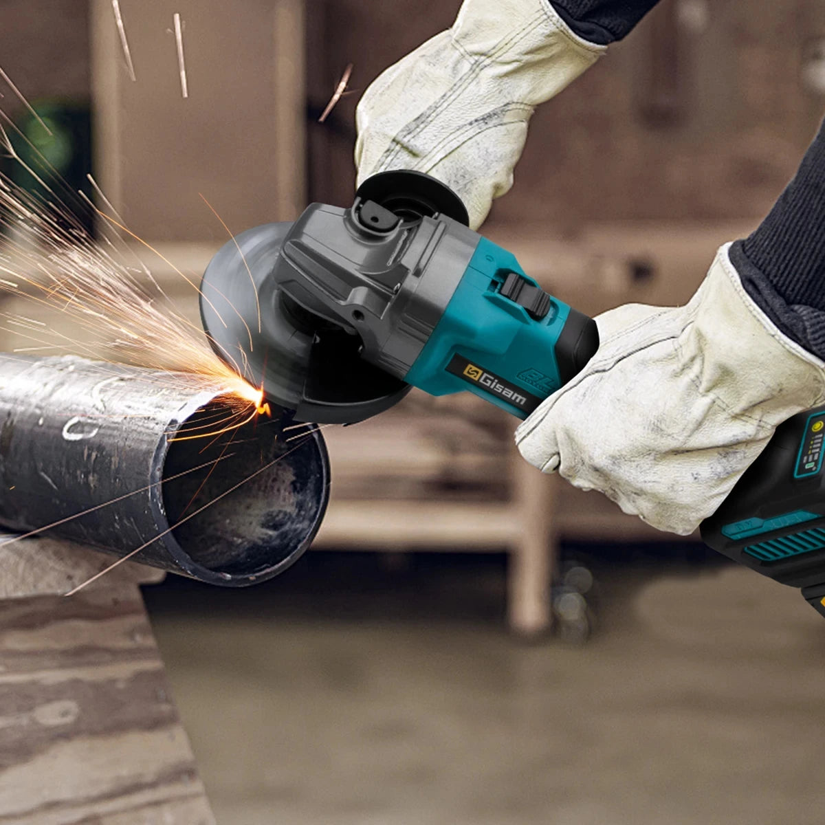 Gisam worker using angle grinder with protective gloves, lifestyle