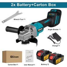 Gisam cordless angle grinder with two batteries in packaging, packaging shot