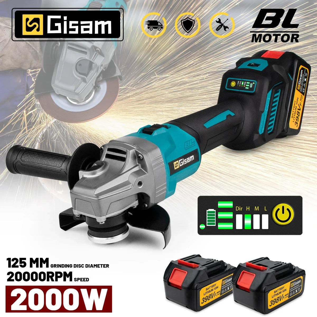 Gisam cordless angle grinder packaging, black and blue, front view