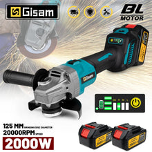 Gisam cordless angle grinder packaging, black and blue, front view