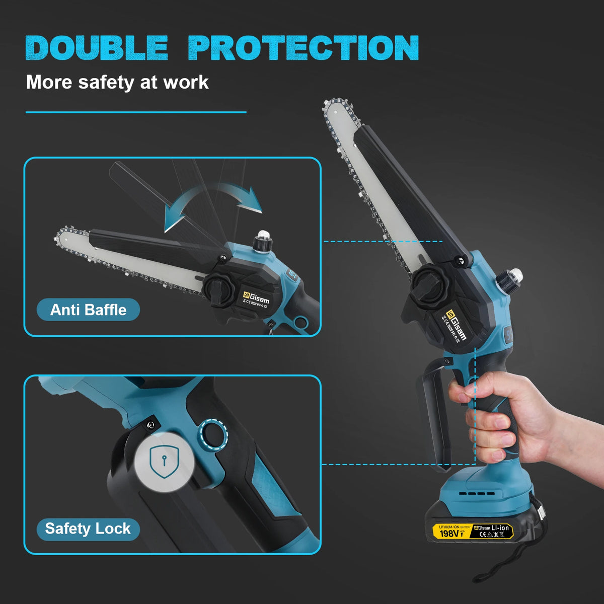 Gisam handheld chainsaw detail, blue and black with ergonomic handle