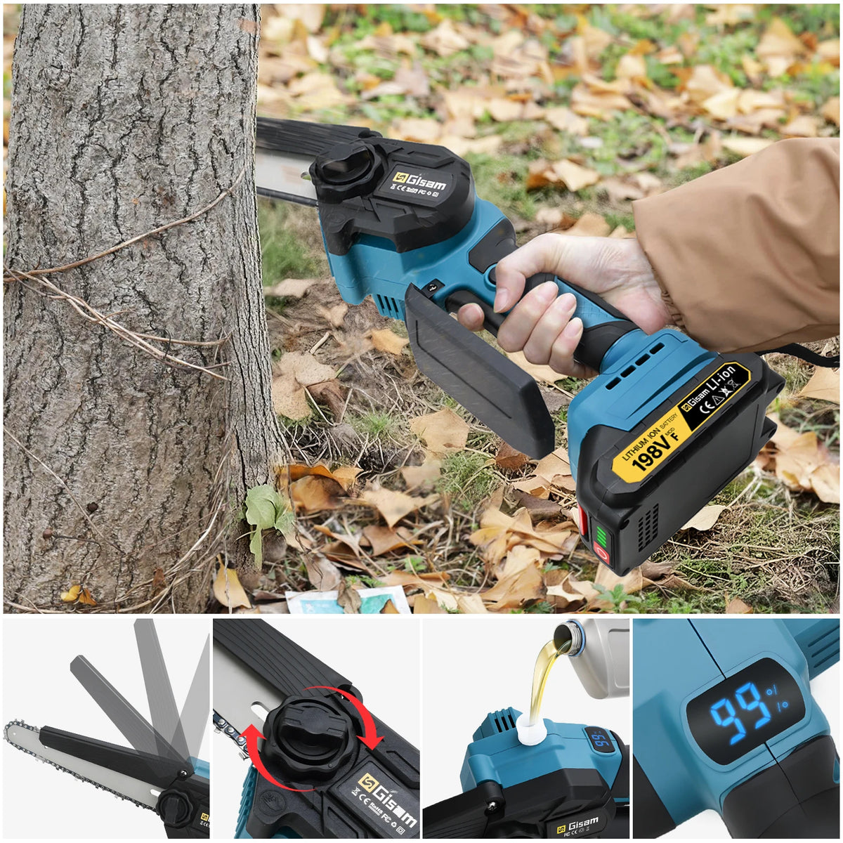 Gisam chainsaw in-use lifestyle shot, highlighting lightweight battery operation