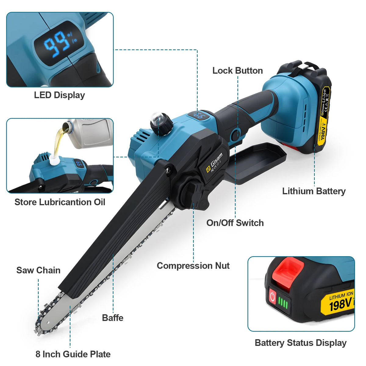 Gisam chainsaw components detail with oil system and battery compartment