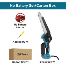 Gisam chainsaw packaging shot, accessories shown without battery set