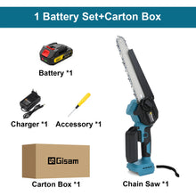 Gisam chainsaw packaging shot with one battery set and charger included