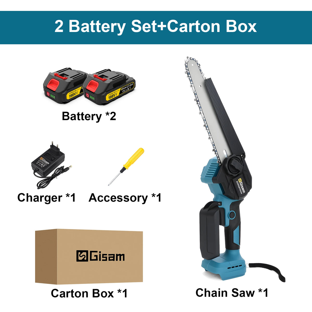 Gisam chainsaw packaging shot with two battery sets and charger included