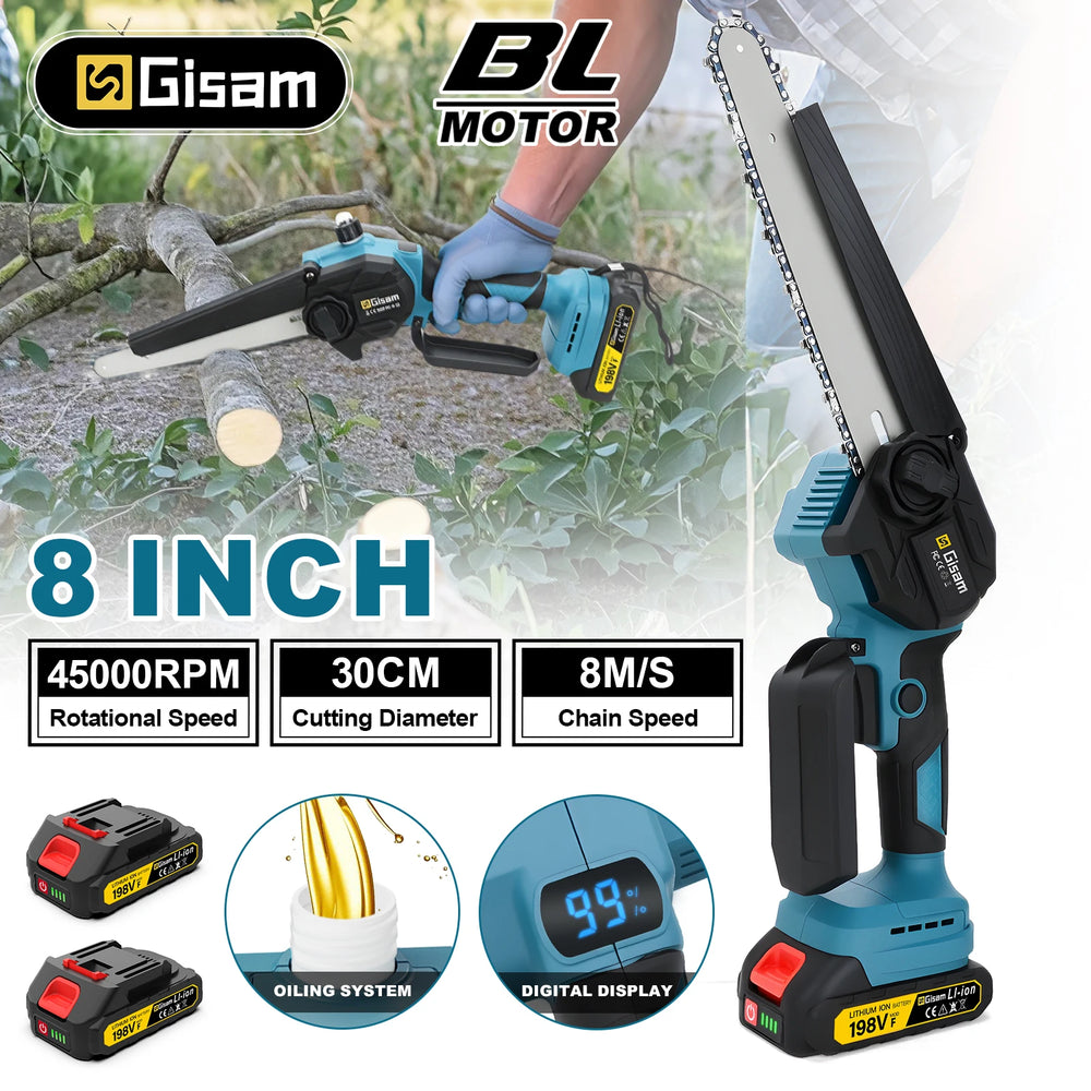 Gisam cordless chainsaw lifestyle shot, blue and black with 8-inch blade