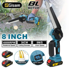 Gisam cordless chainsaw lifestyle shot, blue and black with 8-inch blade