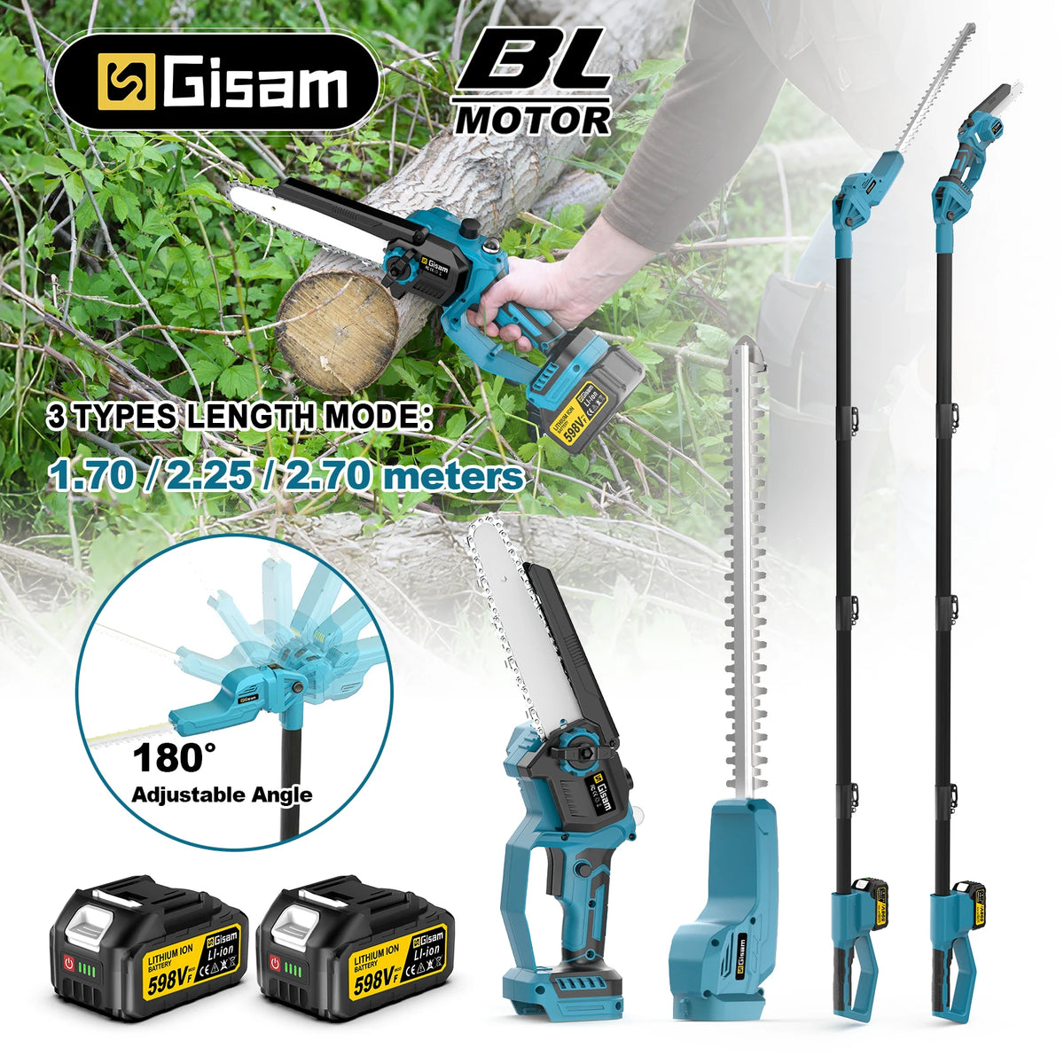 Gisam 2in1 pole saw and hedge trimmer, blue-black-green packaging view