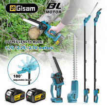 Gisam 2in1 pole saw and hedge trimmer, blue-black-green packaging view