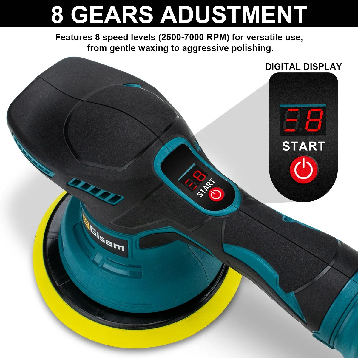 Gisam cordless car polisher detail of battery and blue-black gripping pad