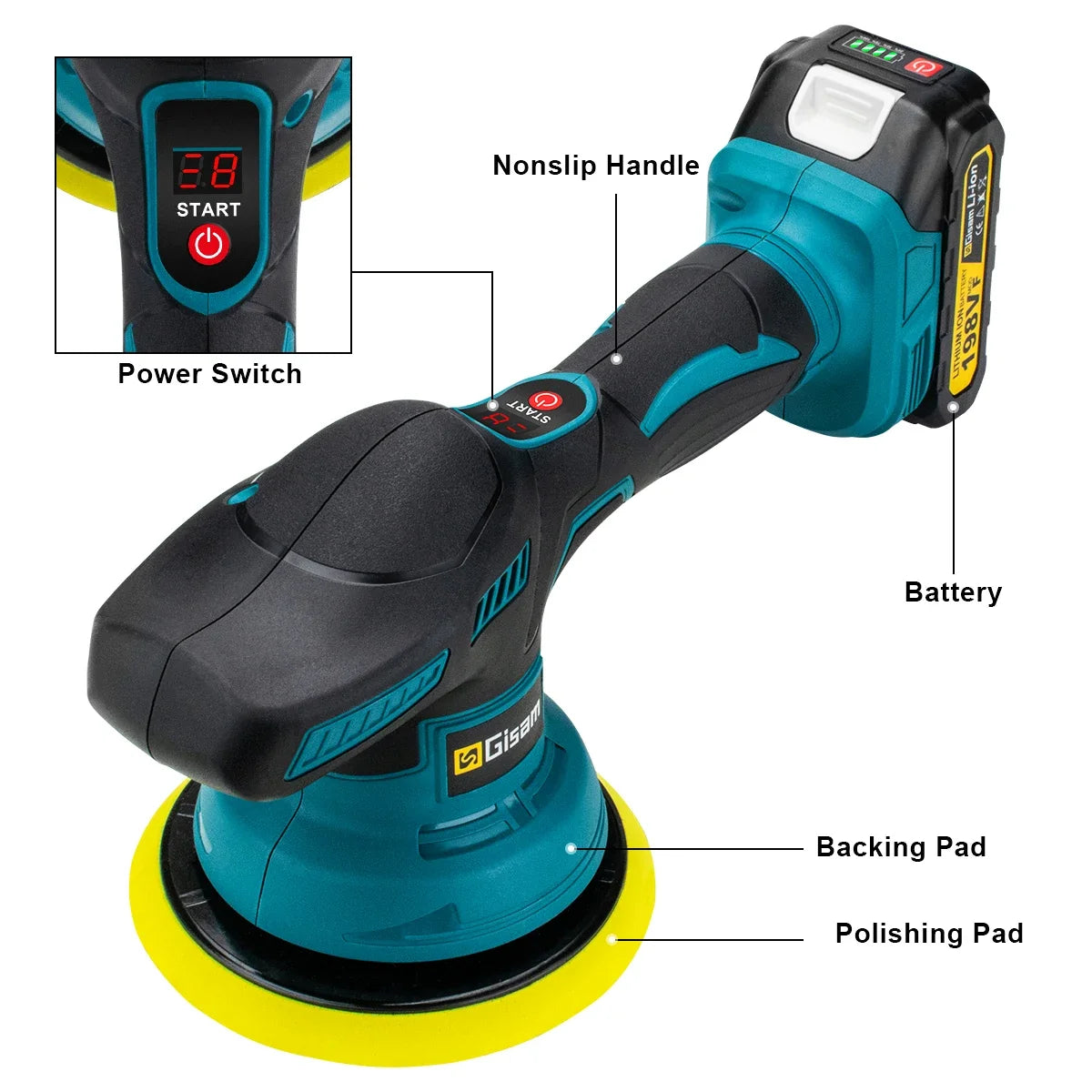 Gisam cordless car polisher controls close-up with digital display and 8 gears