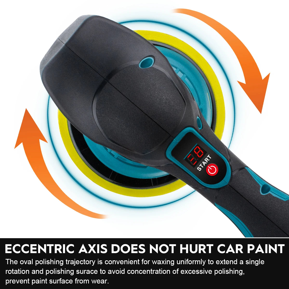 Gisam cordless car polisher detail of eccentric axis and ergonomic grip