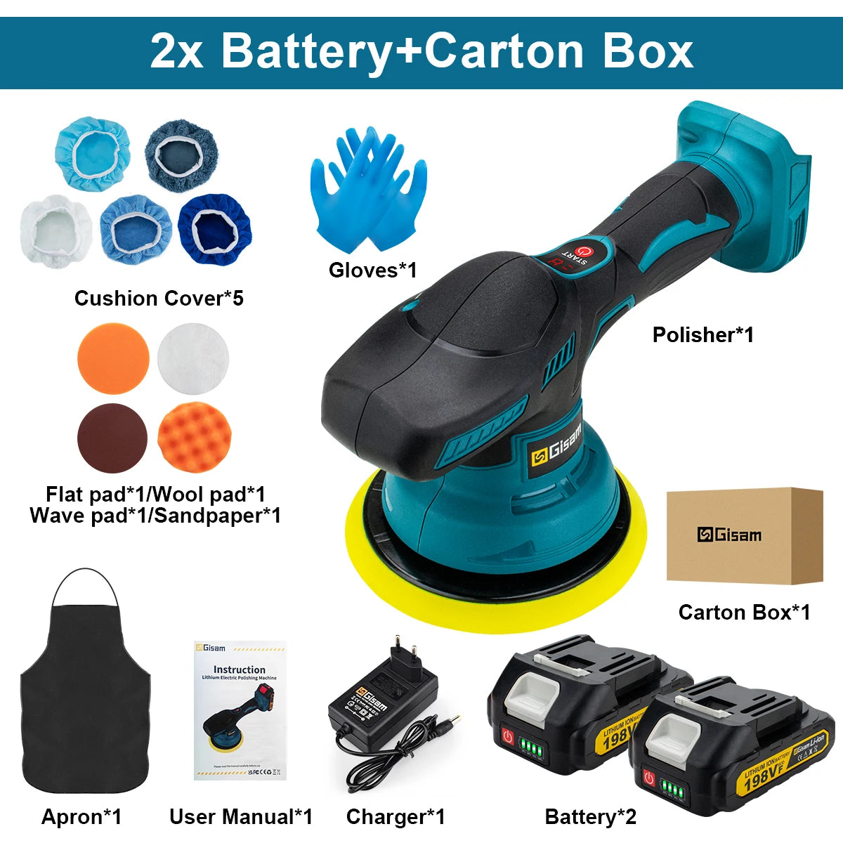 Gisam cordless car polisher packaging showing digital display and two batteries
