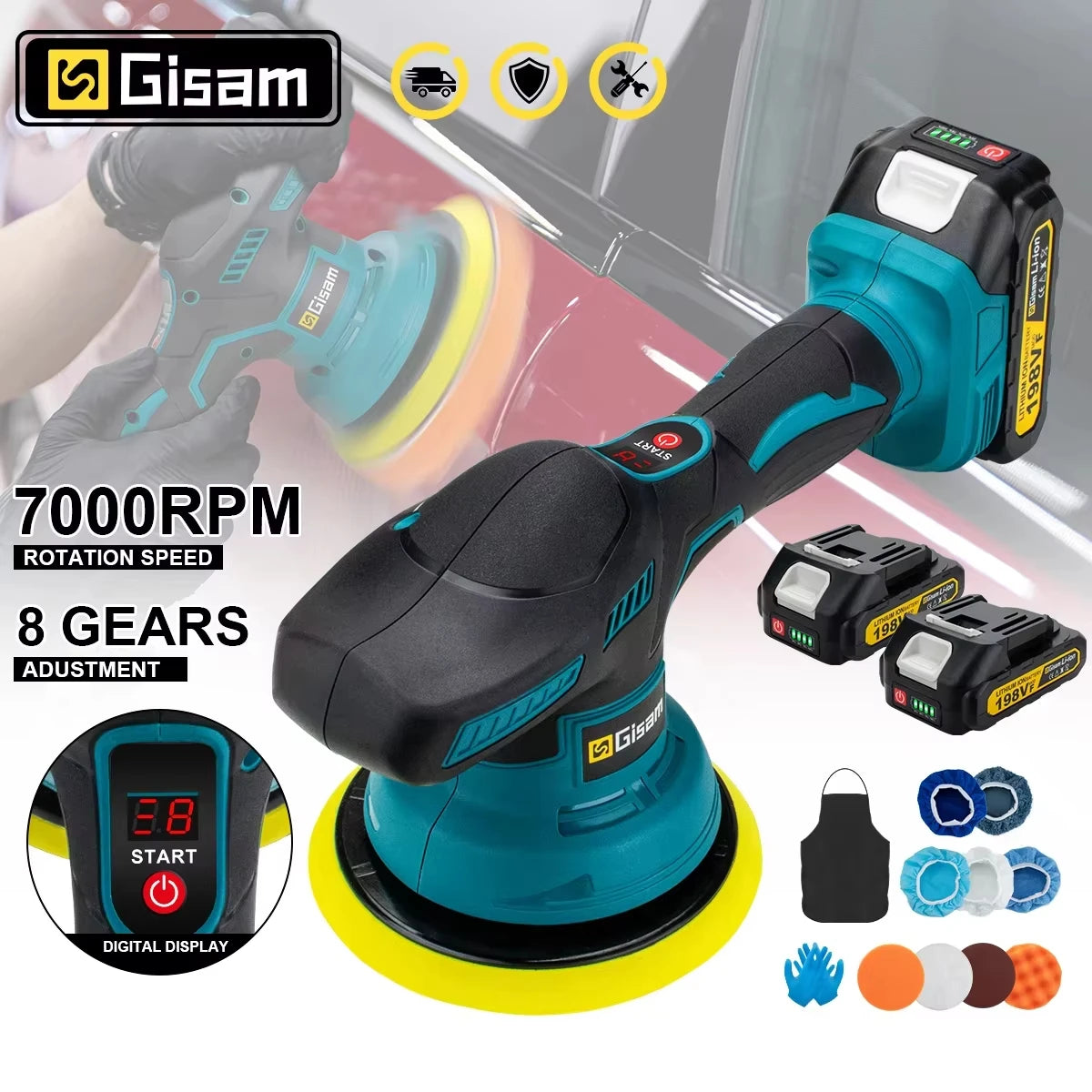 Gisam cordless car polisher blue-black lifestyle front view with digital display