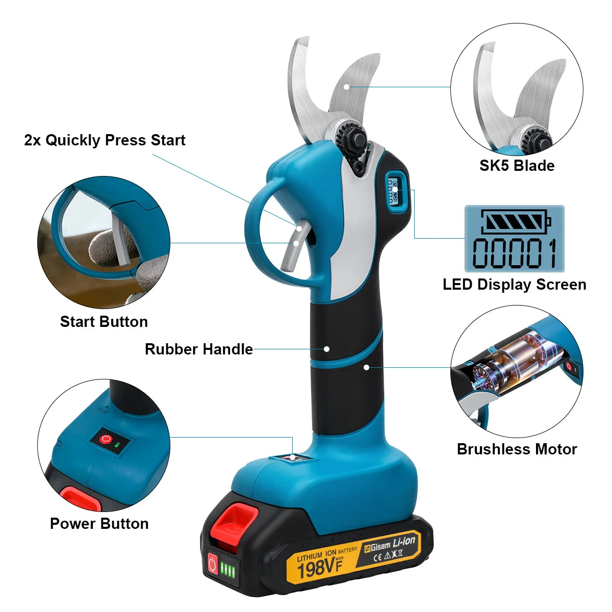 Gisam electric pruning shears detail, LED display and safety lock