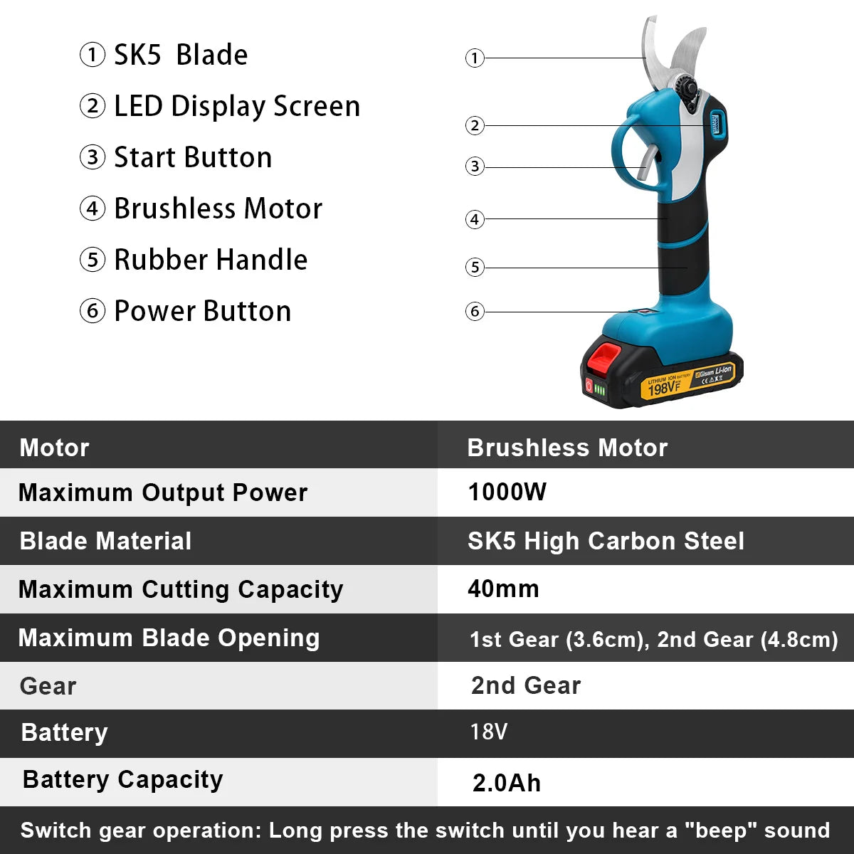 Gisam pruning shears specifications table, LCD display and controls
